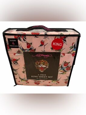 Ed Hardy 6 Piece King Sheet Set Pink Born Free Tattoo Print NWT